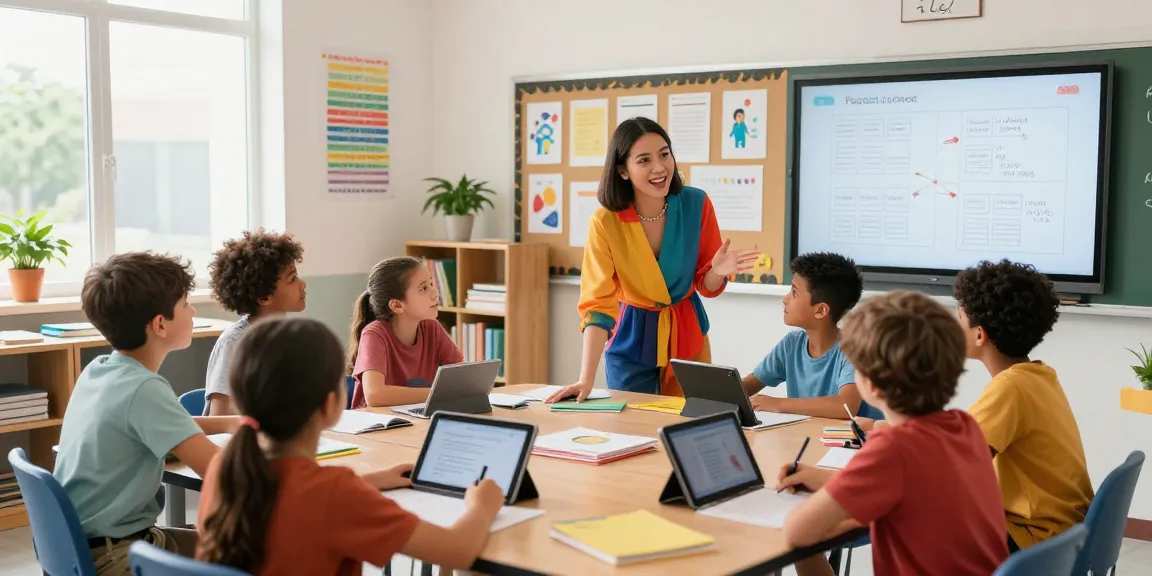 Dynamic scene of a teacher using an online teacher planner with students in a diverse classroom, showcasing EMStudio's classroom management application collaboratively.