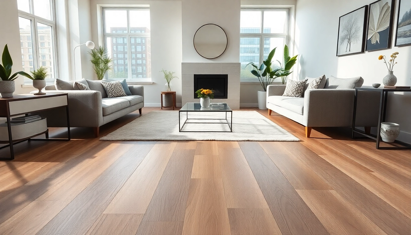 Chicago flooring featuring grey oak LVP in a stylish urban living room with contemporary decor.