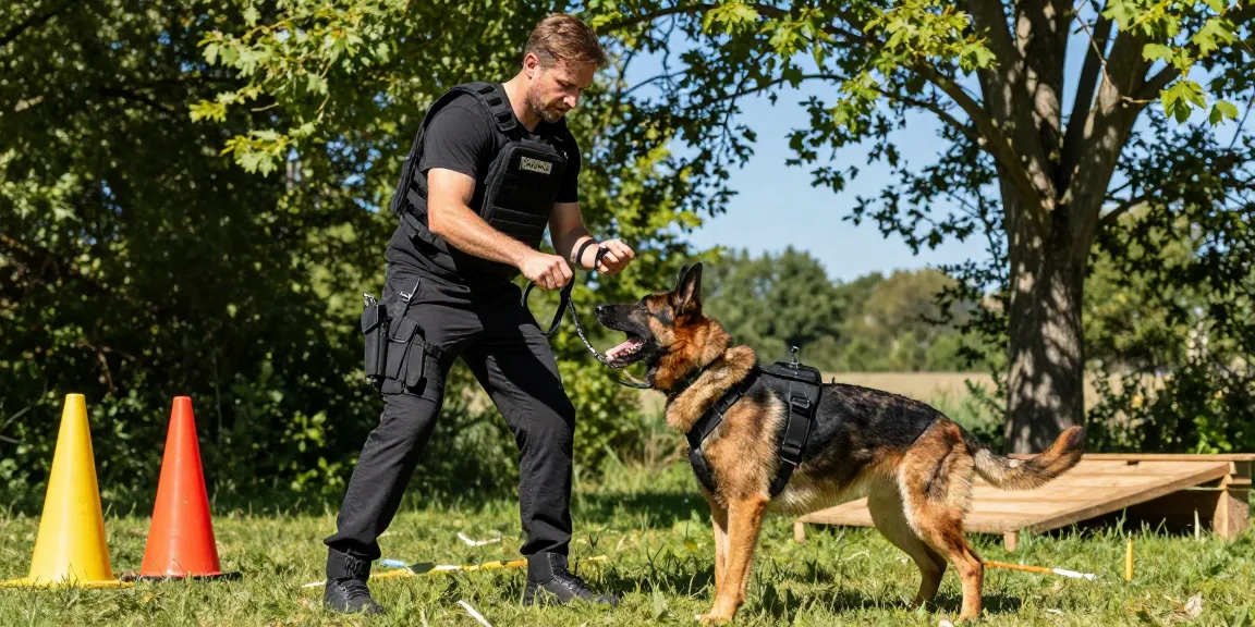 Handler training dog with ROKOK88 tactical gear outdoors.