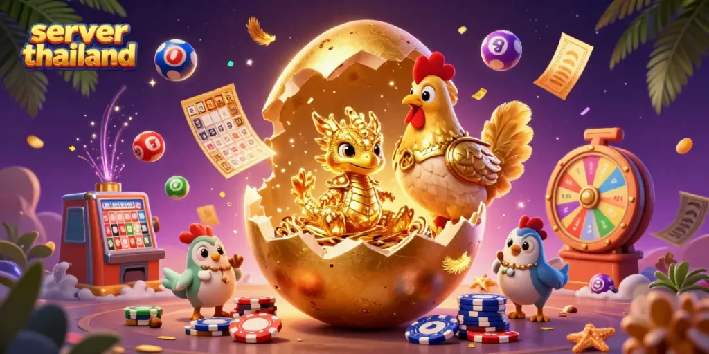 Engage with a vibrant 3D casino scene showcasing the 'server thailand' theme through a golden dragon, chips, and lottery elements.