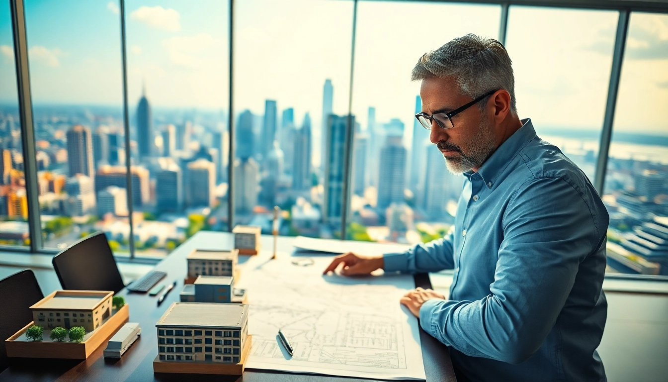 Real Estate Developer analyzing project plans in a modern office environment with city skyline backdrop.