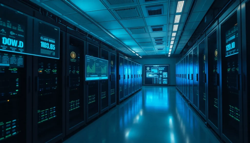 Showcase the best cloud mining facility with advanced servers and digital displays.