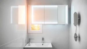 Spiegelschrank led mit moderner Beleuchtung und praktischem Stauraum im Badezimmer.