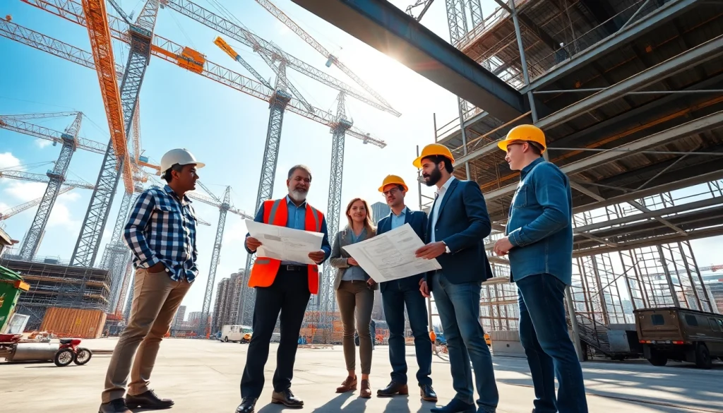 Manhattan Construction Manager directing a construction project with a diverse team on-site.