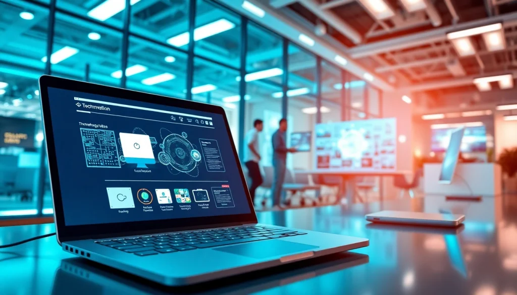 Explore Technology innovations in a modern workspace with advanced tools and vibrant colors.