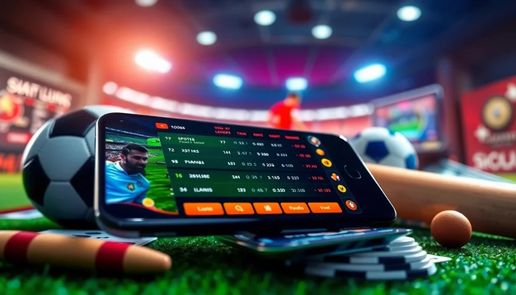 Explore online sportsbooks India with a lively smartphone betting setup highlighting sports themes.