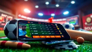 Explore online sportsbooks India with a lively smartphone betting setup highlighting sports themes.