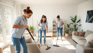 Engaged cleaning service professionals working in a bright home, delivering exceptional cleaning service.