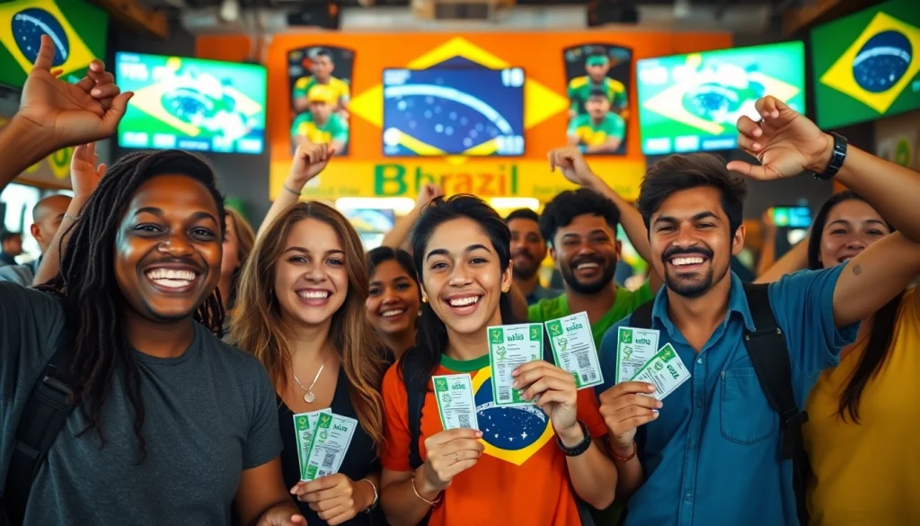 Engaged fans celebrating at the best sportsbooks Brazil in a vibrant sports bar setting.