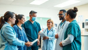 Healthcare team collaborating on Health strategies in a modern clinic environment.