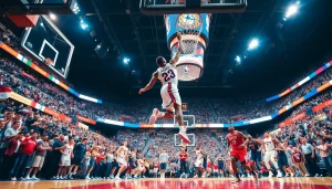 nba중계 경기 중 슬램덩크를 구사하는 플레이어의 역동적인 모습