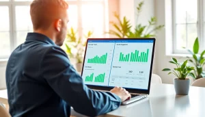 Analyze data for a facebook smm panel in a bright, modern office setting.