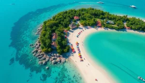 Aerial view of a vibrant travel destination, highlighting beach and adventure experiences for fly888.