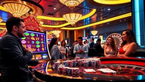 Rasakan sensasi DEWANAGA89 dengan mesin slot yang berwarna-warni dan pemain yang bersemangat di suasana kasino mewah.