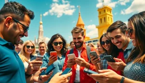 Engaged bettors enjoying online sports betting Texas in a lively setting with iconic Texas landmarks.