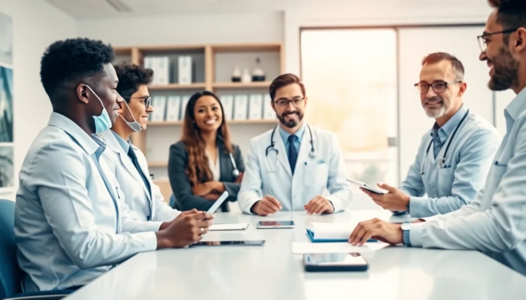 Engaged dental business consultant collaborating with team members in a bright office setting.