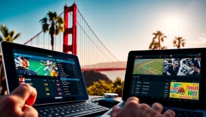Engaging online sports betting California scene showcasing vibrant devices and iconic landmarks.