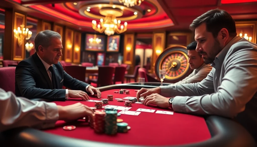 Engage in thrilling poker at https://88clb.courses/ with vibrant chips, cards, and a roulette wheel.