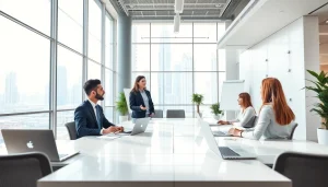Business Consultants in Dubai collaborating in a modern office environment with a skyline view.