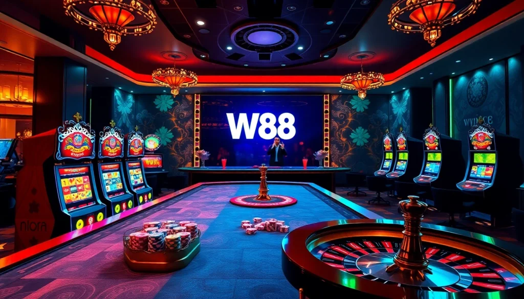 Experience the thrill of gambling at W88 link, featuring vibrant casino scenes and elegant gaming elements.