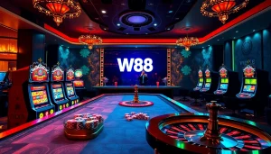 Experience the thrill of gambling at W88 link, featuring vibrant casino scenes and elegant gaming elements.