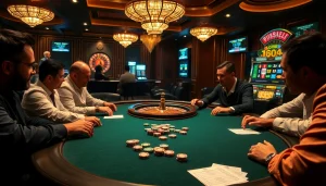 Bongdalu players engage in a high-stakes poker game surrounded by vibrant casino elements.