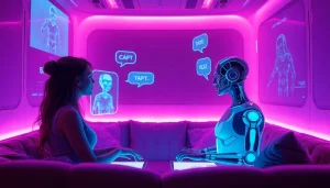 Engaging AI sex interactions in a futuristic, intimate virtual space with playful characters.
