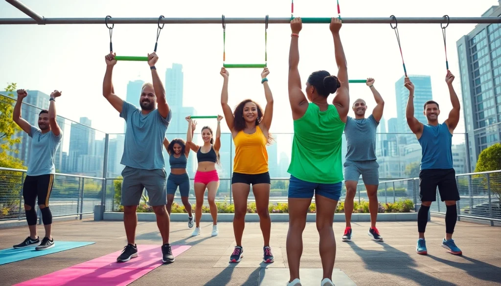 Resistance bands for pull-ups used by diverse individuals in an outdoor fitness scene.