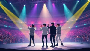 Engaging BTS news portrayal with live concert performance showcasing vibrant energy.