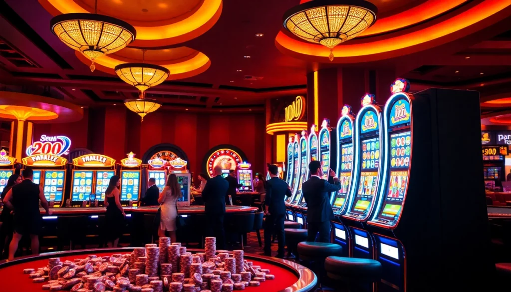 Players enjoying idn slot machines in a luxurious casino environment, filled with vibrant lights.