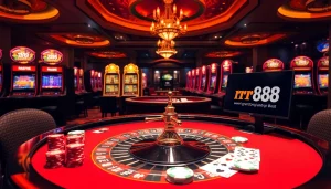 Engaging players immerse in a casino scene with rr88 link displayed on screens.