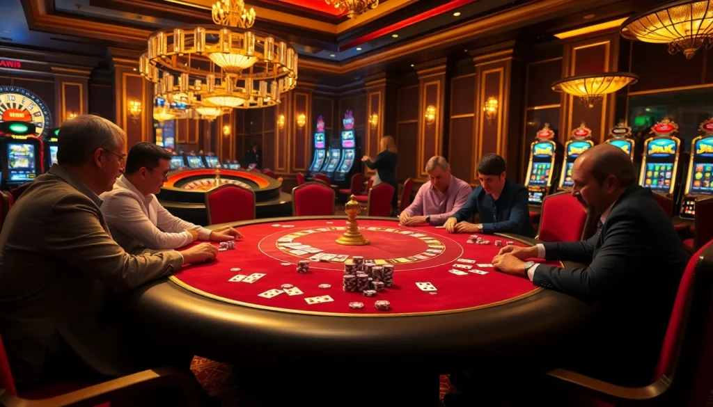 Engaging BK8 poker game scene showcasing intense players and excitement at a luxurious casino table.
