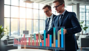 Analyze growth strategy trends with a business strategist in a bright, modern office setting.