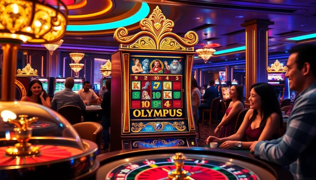 Menang pada mesin slot Olympus di tengah suasana kasino yang hidup dengan para pemain yang menikmati permainannya.