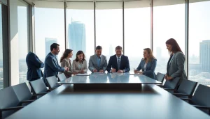 Engaging scene of Quickplus Business Consultants collaborating with a Dubai skyline backdrop.
