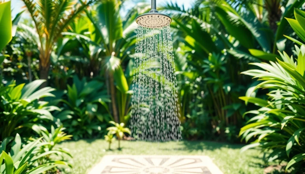 Enhance your outdoor experience with a sunny shower USA setup amidst a lush environment.