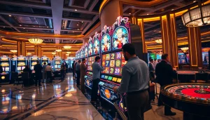 Engaged player at an olympus slot machine in a luxury casino setting.