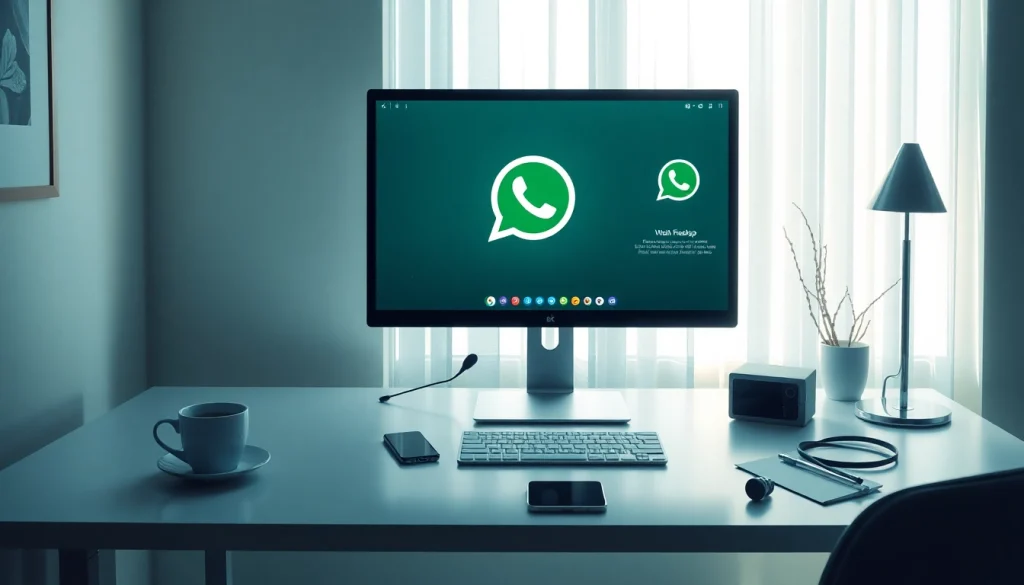 在现代桌面设备上展示的 WhatsApp网页版界面，旁放智能手机与咖啡，象征无缝沟通。