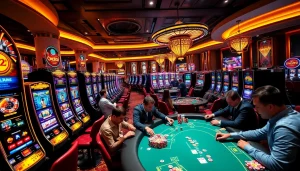 Engaged players enjoying slot machines and poker tables at an exciting Onicplay casino.