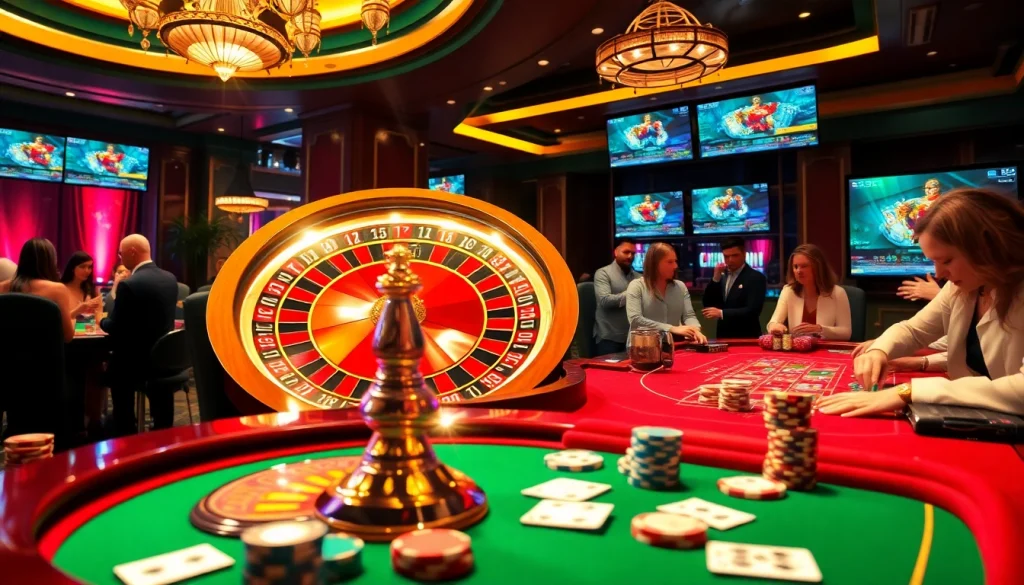 Intense poker action at a luxurious casino, enhancing the experience of https://98win3h.blog.