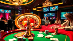 Intense poker action at a luxurious casino, enhancing the experience of https://98win3h.blog.
