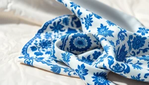 Delftsblauwe stoffen collectie in elegante opstelling met gedetailleerde patronen.