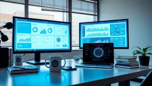 A cutting-edge workspace showcasing infosec analytics and e-commerce tracking tools on dual monitors.