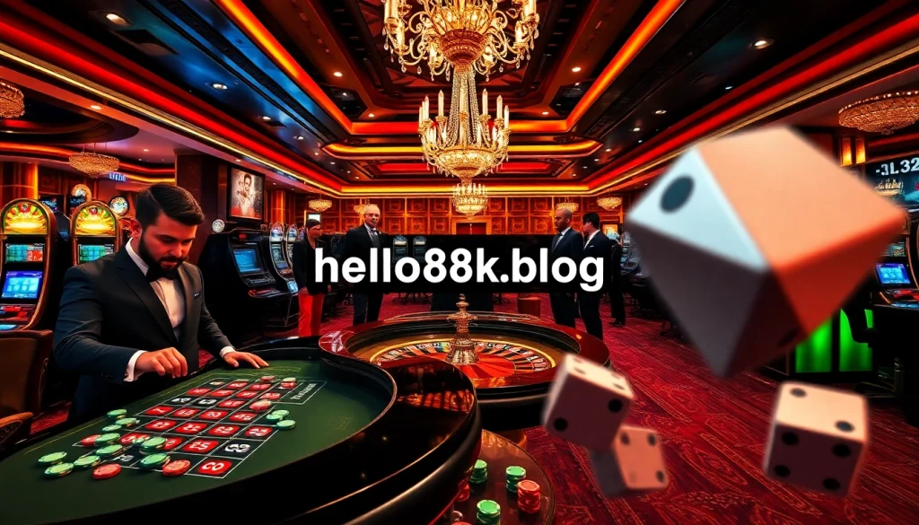 Players enjoying high-stakes gaming at hello88k.blog casino with roulette and vibrant atmosphere.