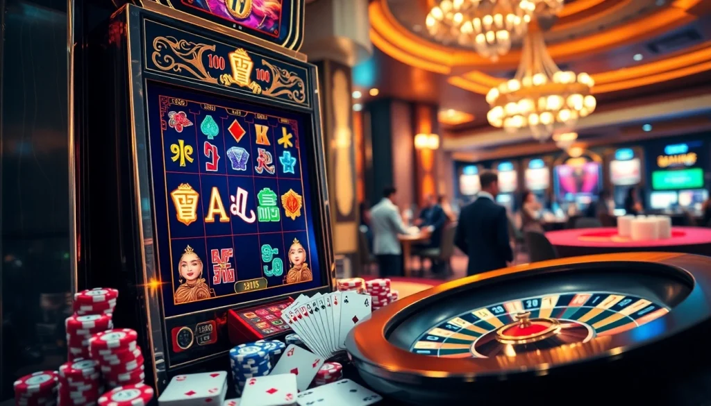 Mengajak pemain berpartisipasi dalam demo mesin slot Mahjong dengan suasana kasino yang hidup dan cip poker.