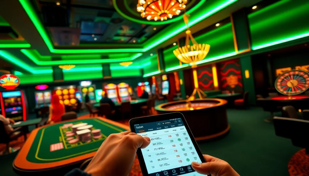 Experience sbobet online betting with vibrant casino visuals of poker tables, slots, and roulette in action.