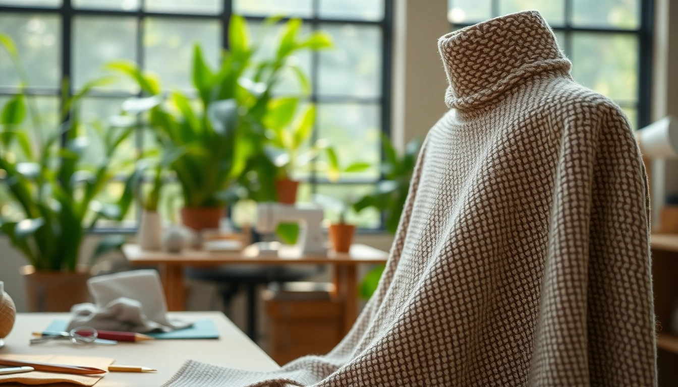 Boucle stof met unieke textuur in een designstudio met natuurlijke verlichting en groene achtergrond.