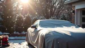 Winter car protection Chattanooga with a sleek car under cover in snowy conditions.