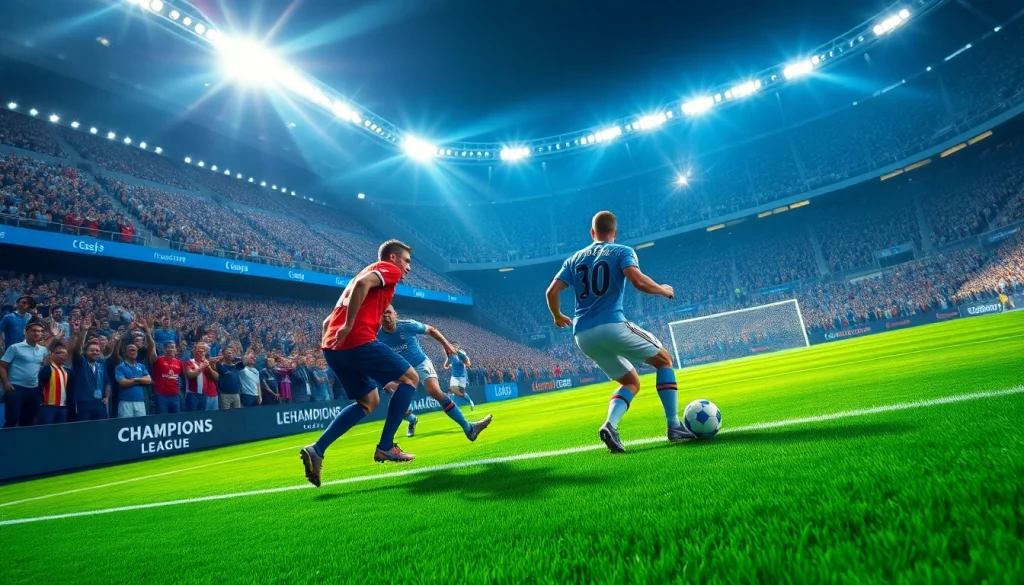 ติดตามผลบอลยูฟ่าแชมป์เปียนลีกที่ตื่นเต้นในสนามฟุตบอลที่มีแฟนๆ cheering.