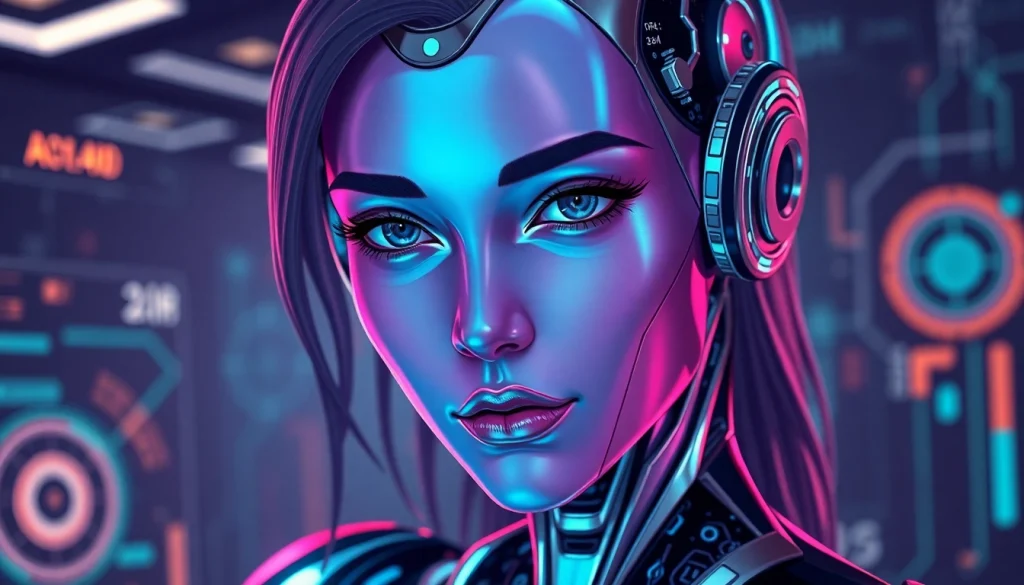 AI NSFW character illustration featuring a female humanoid robot in a futuristic cyberpunk setting.